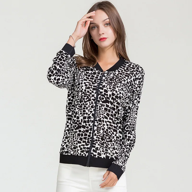 

Real Silk Printed Coat Long Sleeve Zipper Cardigan Women's Casual Short Tops Mulberry Silk Jacket Baseball Uniform New Style