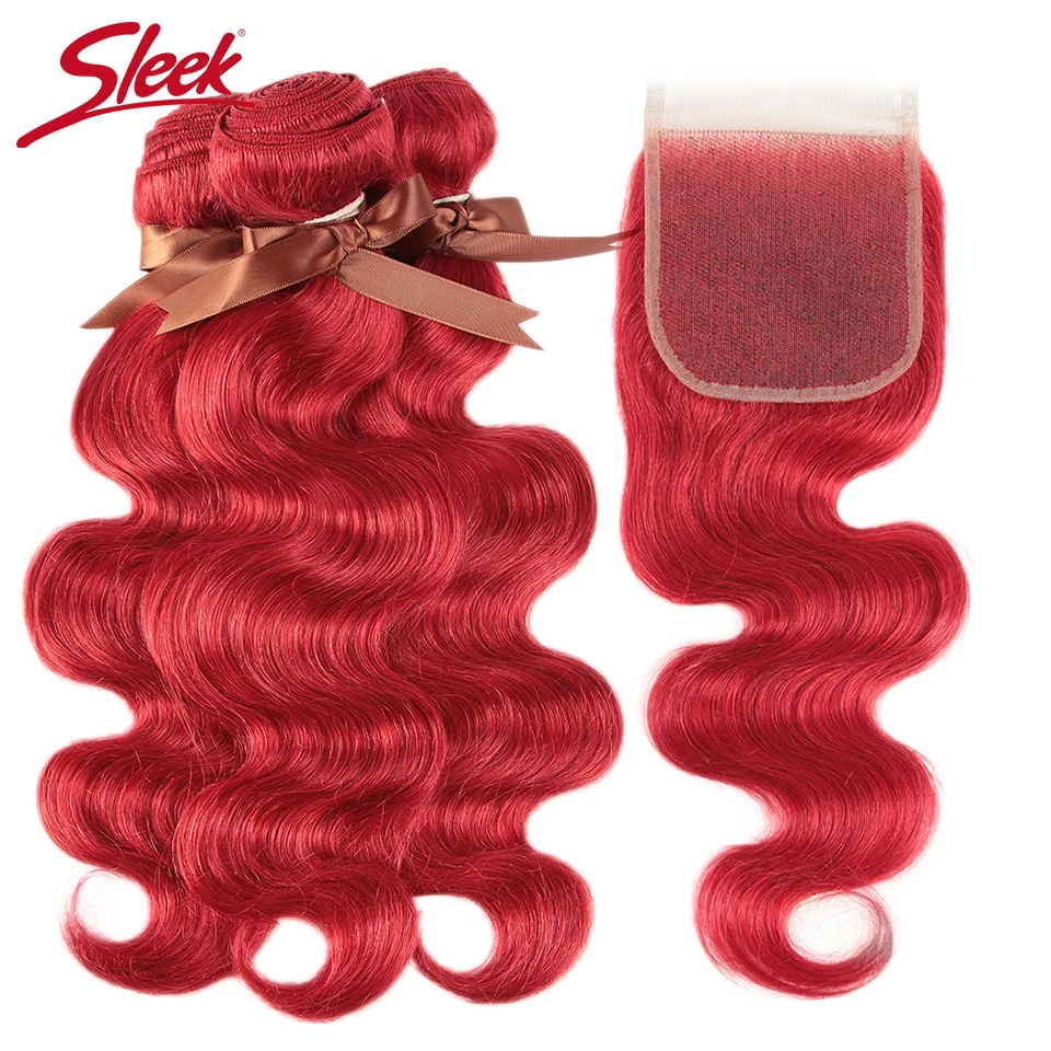 

Sleek Red Color Body Wave Bundles With Closure Brazilian Hair Bundles With Closure 8-28 Remy Human Hair 3/4 Bundles With Closure