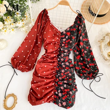 

YuooMuoo Ins Fashion Floral and Dot Patchwork Ruched Dress Women Sexy Long Lantern Sleeve Mini Dress Ladies Party Dress Vestidos