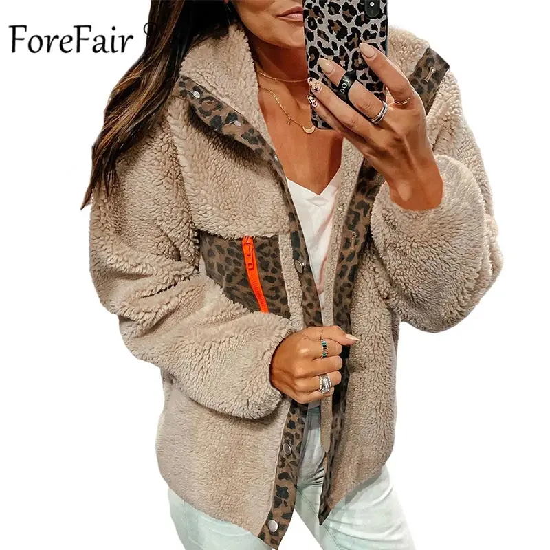 

Forefair Leopard Print Teddy Winter Coat Women 2019 New Fashion Plus Size Jacket Female Patchwork Animal Casual Faux Fur Coat