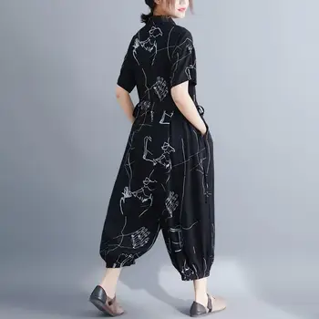

2019 New Fashion Women High Waist Pocket Rompers Pattern Printed Wide Leg Pants Jumpsuit Lapel Short Sleeve Jumpsuits