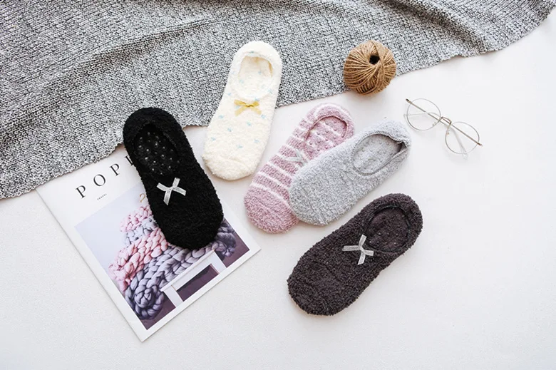 Description Picture 4 of itemFuzzy Cute Coral Fleece Socks Stripe with Bow Home Sleeping Warm Soft Anti-Skid Plush Slipper Socks Fluffy Microfiber Thick Gift