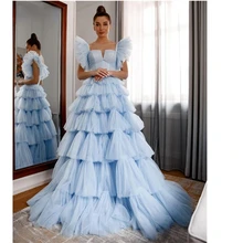 Sweetheart Cake Tiered Vestidos Sky Blue Tulle Ruffled Evening Dresses A-line Party PromGowns Robe De Soiree Femme Custom Made