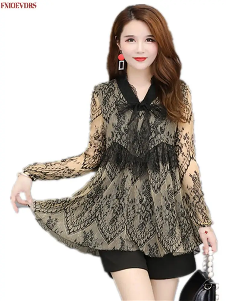 Blusa de oficina con encaje negro Estilo Vintage Retro para otoño, camisa elegante con estampado de Peplum para mujer, talla grande 5XL
