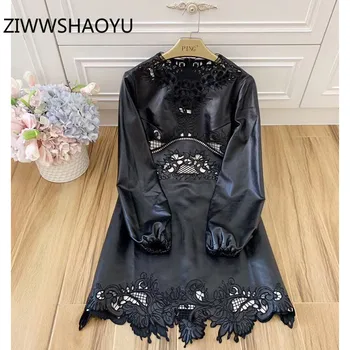 

ZIWWSHAOYU 2020 Autumn Winter Designer Vintage Black PU Dresses Women Fashion Hollow Out Embroidery Lantern Sleeve Short Dress