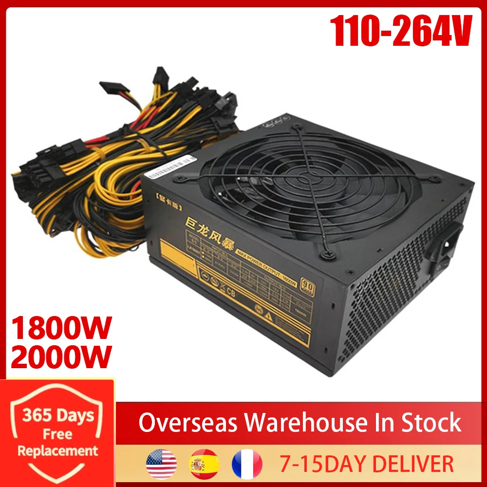 2000W 1800W Mining Power Supply 110V-264V 90% High Efficiency PSU Support 8 Graphics Cards GPU For ETH DOT BTC Bitcoin Miner Rig |