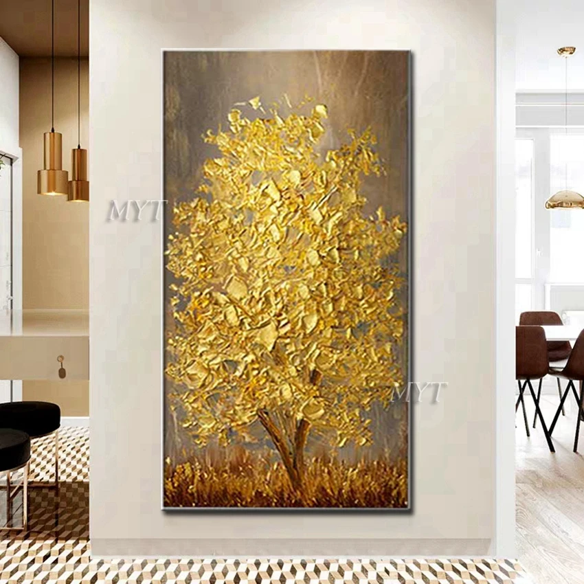 Большая Ручная роспись Абстрактная живопись маслом золотое дерево палитра нож холст украшение стены украшение дома