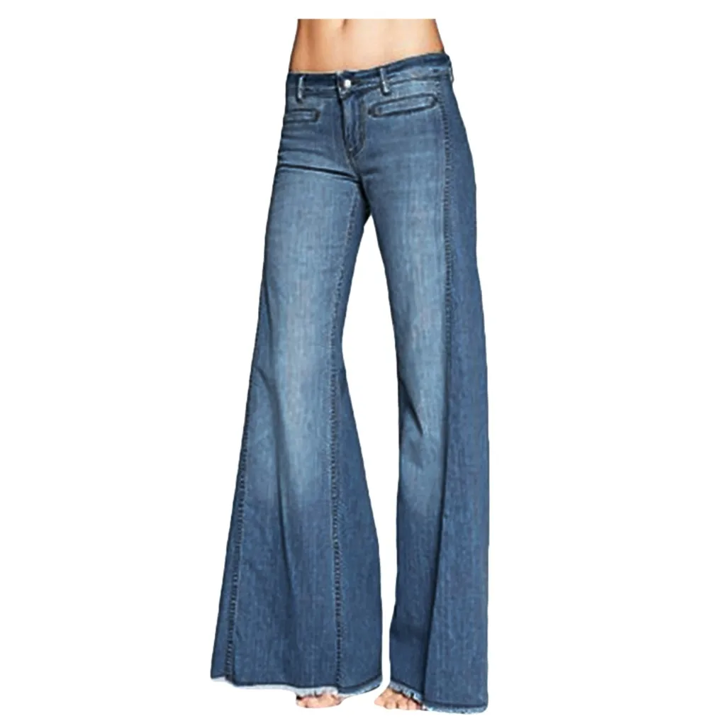Womail, повседневные свободные джинсовые штаны, десторированные расклешенные джинсы с высокой талией, повседневные длинные расклешенные штаны для женщин, новые панталоны для женщин