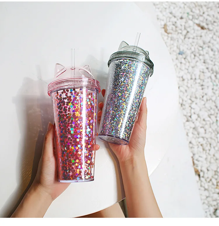 Double Layer Pipette Cup With Flash In The Shape Of Cat's Ear Candy Colors Tea Juice Coffee With Lid Straw Water Bottle Cups