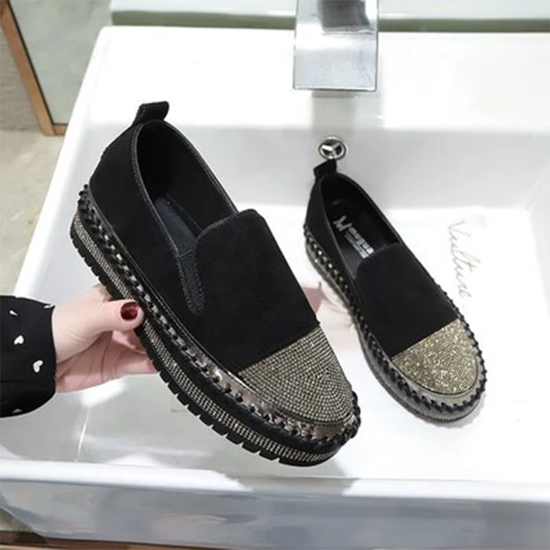 Fur Women Flat Platform Winter Shinning 2020 Slip On Luxury Crystal Hand Stitching Leather Winter Shoes Woman Footwear