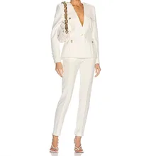 

Latest Tailored White V-neck Single Button Women Slim Fit Suits Work Office Ladies Professional Trouser 2 Pieces Formal Wear