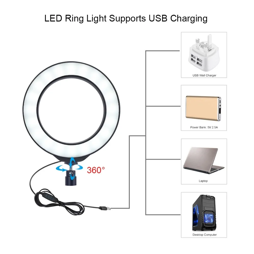 PULUZ круглое основание настольное крепление + 4,6 дюймов 3 режима USB Диммируемый светодиодный кольцевой видео свет, регулируемая высота: 18 см-28