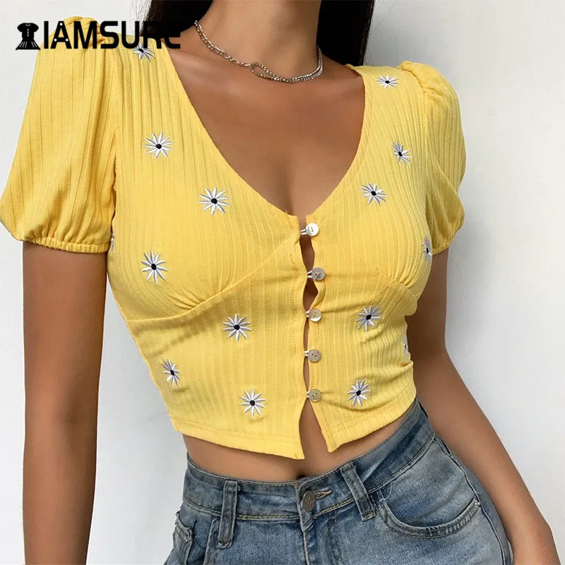 

IAMSURE Flower Embroidery Fashion Crop Tops For Women Short Sleeves V-Neck Y2K Aesthetic Tops Tee Korean Streetwear Female Tops