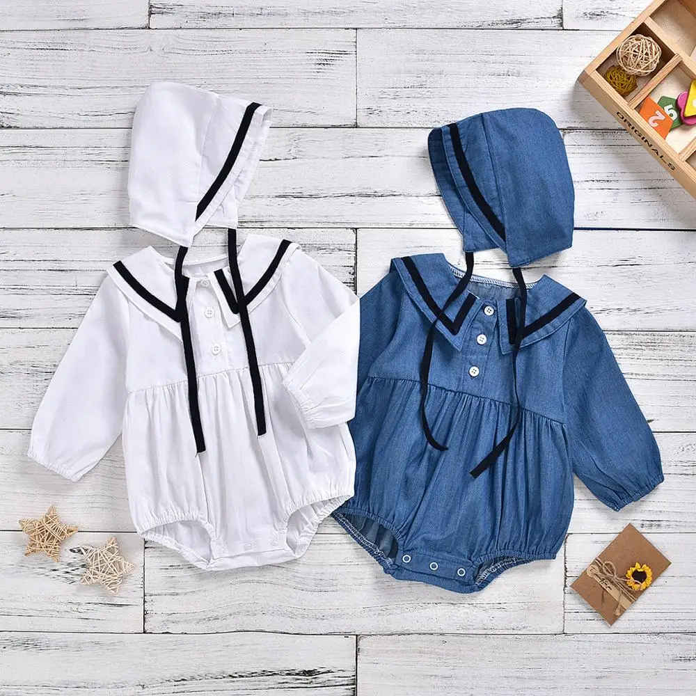 

Newborn Girls Solid Sailor Collar Long Sleeve Jumpsuit Hat Outfits Set Spring Bodysuit for Newborns Baby Girl Bodysuit RL2