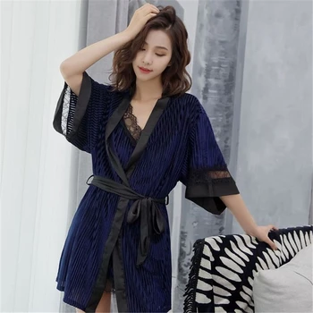 

Women's pajamas new gold velvet navy blue pajamas lace strap nightgown home service two-piece loose comfortable bridal robes