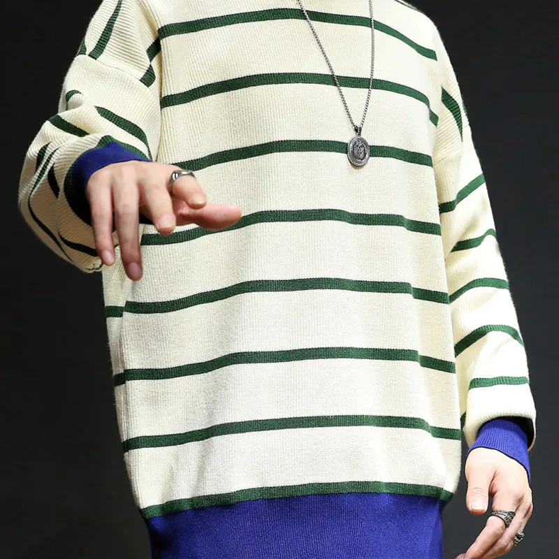 Winter Striped Sweater Men Warm Fashion Contrast Color Casual Knit Sweter Man Streetwear Loose Long-sleeved Pullover Men M-5XL