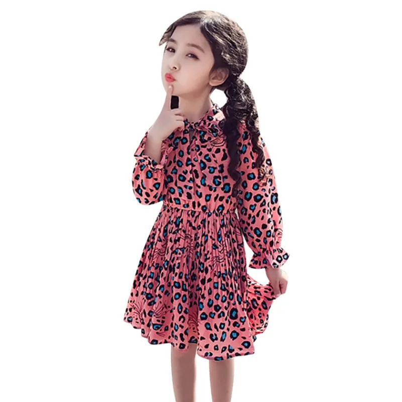 Платье для девочек от 2 до 8 лет г., весенне-осенний Повседневный Детский сарафан принцессы с длинными рукавами и леопардовым принтом для девочек
