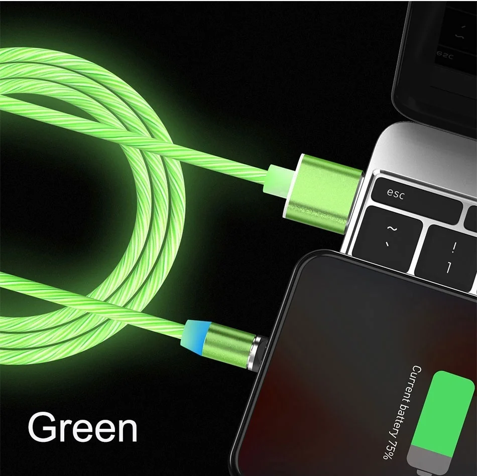 3 цвета радужной жидкости светодиодный свет Магнитный Кабель зарядного устройства светящийся течет для samsung Galaxy S9 S10 Xiaomi huawei iPhone X XS MAX 8 7 - Цвет: Зеленый