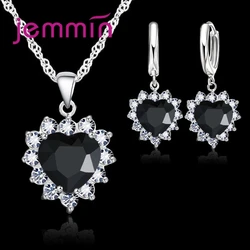 Elegant Heart Pendant & Hoop Earrings Jewelry Set in Sterling Silver (Black)