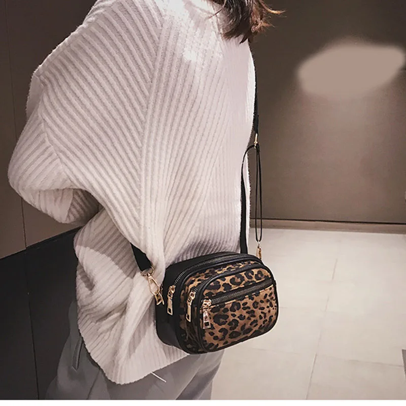 

Leopard Print PU Leather Messenger Bags Multi-Layer Zipper Shoulder Crossbody Female Small Square Bag 2019 New Handbag BS88