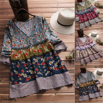 

2020 Women Boho Floral Print Blouse Vintage Baggy Shirts Plus Size Femme Summer Autumn Nine Quarter Sleeve Linen Loose Blouse