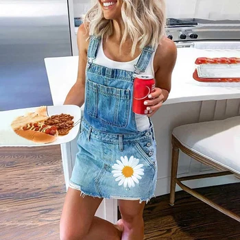 

SHUJIN Daisy Print Short Jumpsuit Women Flower Jeans Overalls Denim Short Romper Casual Floral Playsuit with Pocket 2020 Summer