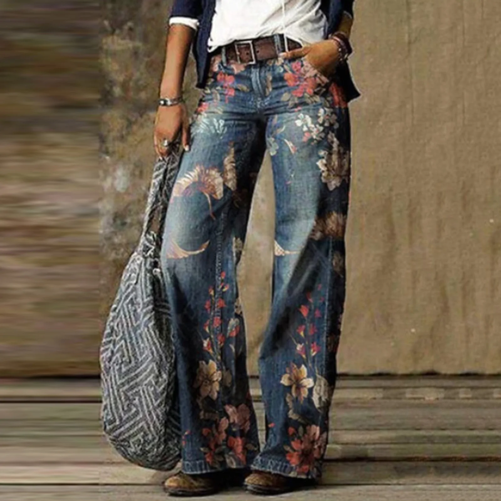 Женские джинсы с цветочным принтом повседневные свободные винтажные широкими