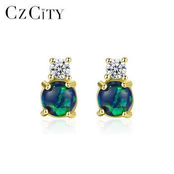 

CZCITY Real Round Fire Opal Stud Earrings for Women 925 Sterling Silver Fine Jewelry Boucles D Oreille Bijoux Femme Gifts SE0415