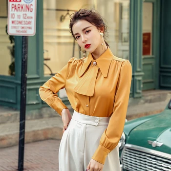 

Bornladies New Long Sleeve New Casual Elegant Korean Style Office Lady Satin Lapel Shirt Yellow Slim Bow Collar Shirt