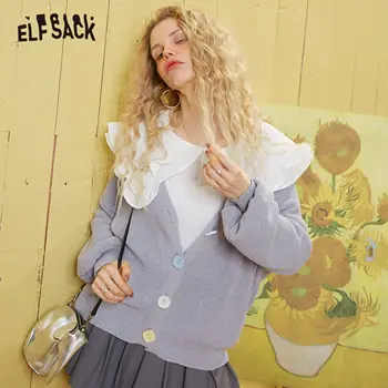 

ELFSACK Multicolor Solid Minimalist Loose Casual Cardigan Women Sweaters 2020 Spring Pure Single Button Lantern Sleeve Girly Top