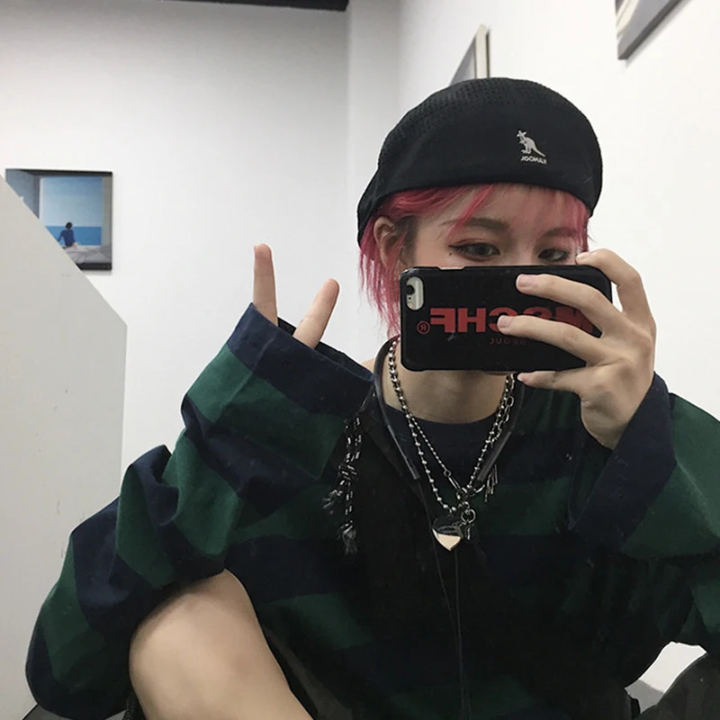 Хип-хоп полосатая Прямая поставка bf camisas Клубная Ulzzang панк винтажная harajuku без бретелек с длинным рукавом Корейская одежда Топ Женская футболка