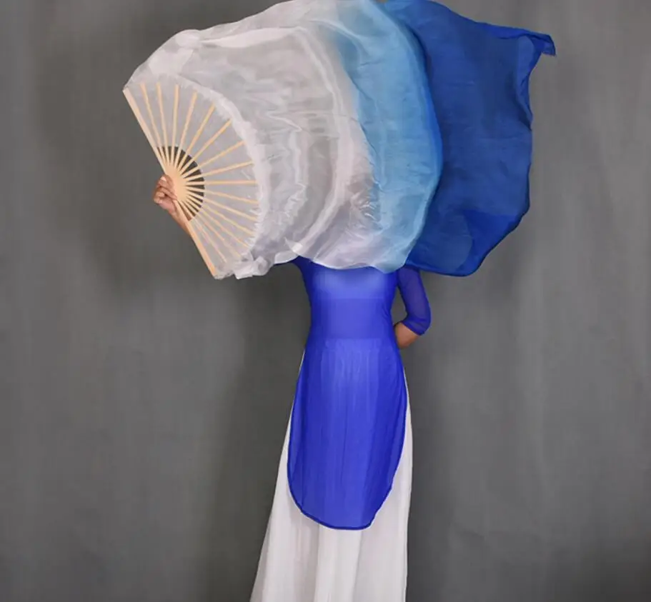 1 Pair 70"x35" Belly Dance Silk Fan Veils White Royal Blue Horizontal Gradient Bamboo Long Fans Veil For Women Kids Wholesale