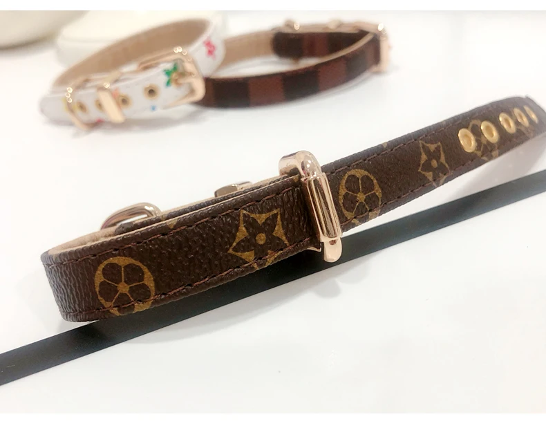 Wholesale Dog Collar Leash Classical 10pcs/lot Brown Flower Simple Designer Pet Collar Lead PU Leather Quality Buckle