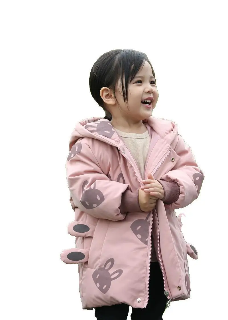 

New Winter Small And Medium Virgin Girl Down Jackets Cartoon Rabbit Printing Long Loose Down Jackets Children's Garment 9136