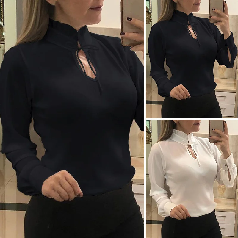 Женская OL рубашка Белый/Черный Топы с длинным рукавом чистый цвет шифон водолазка пуловер элегантный сексуальный рубашка модная однотонная блузка леди