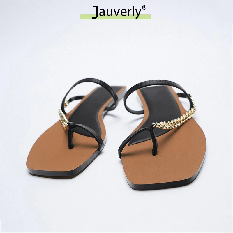 

Luxury Brand Designer Chain Decorated Flat With Slippers 2021 Summer Hot New Women'S Sandals Fashion Black Square Toe Shoes