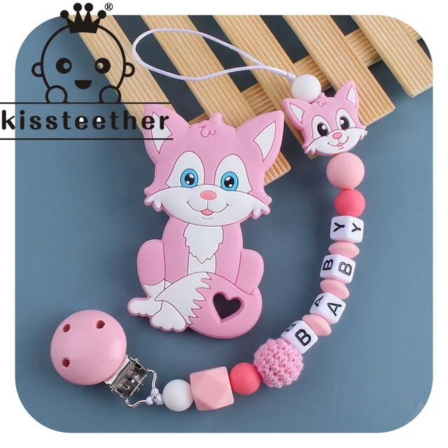 Kissteether Personalized Name Handmade Pacifier Clips Holder Chain Silicone Pacifier Chains Set Civet Cat Baby Teether Chain Pink