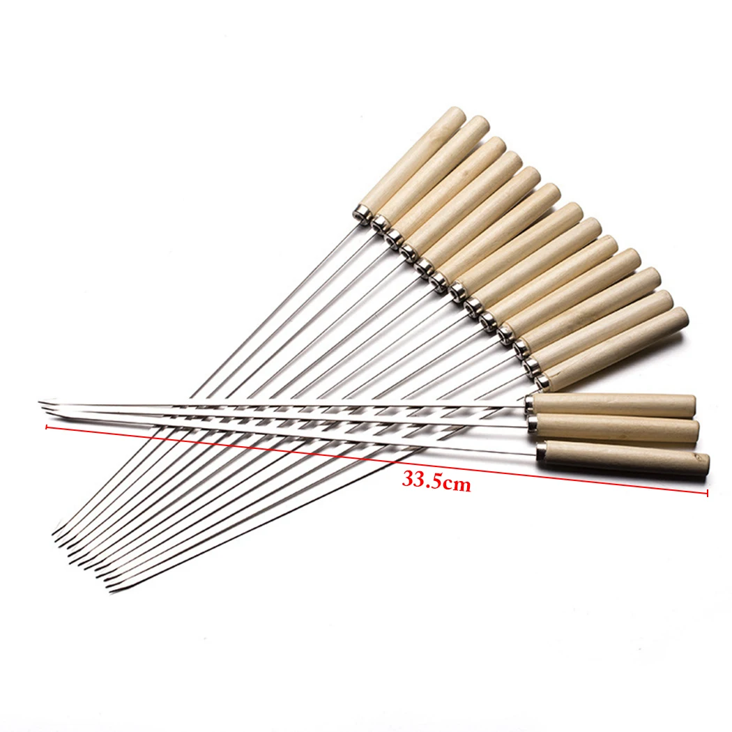 20pcs Stainless Steel BBQ Tools Flat Barbecue Stick BBQ Roasting Needle with Wooden Handle Skewers Outdoor Camping Forks