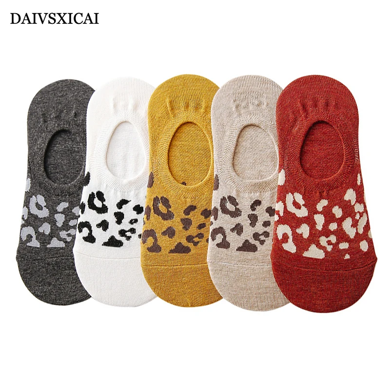 5Pair/lot=10pieces Summer Leopard Female Invisible Socks Thin Section Silicone Non-Slip Fashion Ladies Cotton Socks