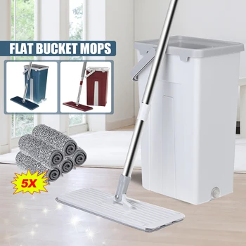 

Flat Squeeze Mop and Bucket Hand-Free Wringing Microfiber Floor Cleaning Mop wet/dry Usage 360° Roatation Lazy Mop