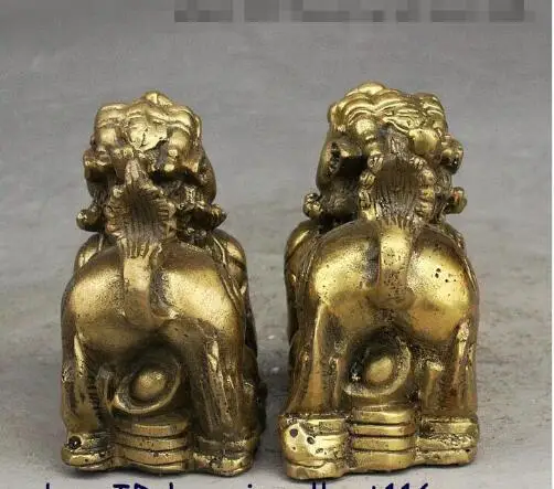 YM 306 China Fengshui Brass Yuanbao Money Ruyi Pixiu Unicorn Beast Wealth Statue Pair