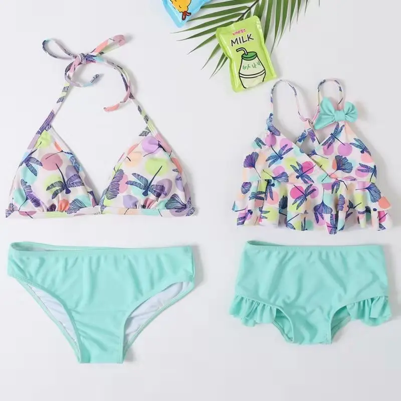 Купальный костюм для девочек; комплект из двух предметов; детская одежда для купания с оборками; купальник для мамы и дочки; Семейные комплекты; CZ1008 - Цвет: Green