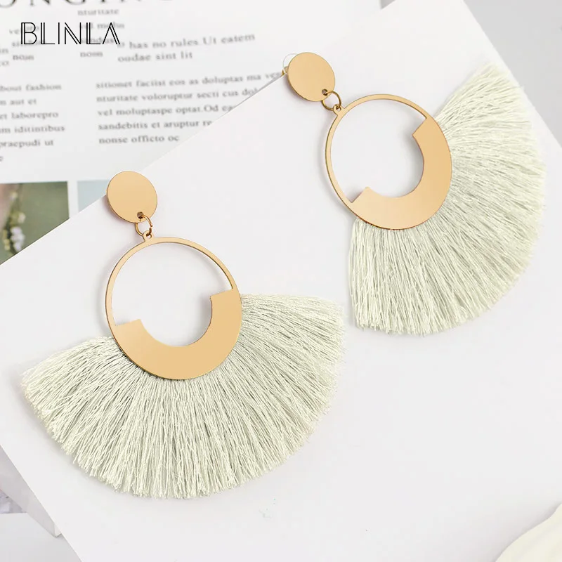 White BLINLA, новинка, богемные висячие серьги с большими кисточками,, для женщин, ручная работа, шелковая ткань, бахрома, серьги, модное ювелирное изделие, Brincos - Окраска металла: White