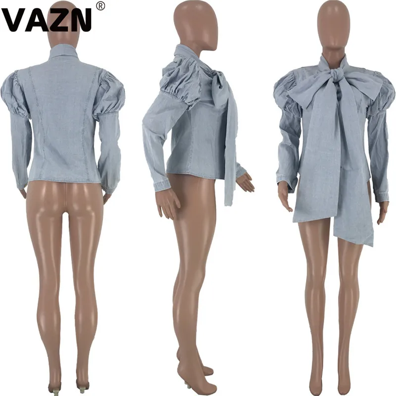 VAZN, хит, цветной однотонный джинсовый топ с бантом, новинка, женская мода, элегантная,, Повседневная футболка, квадратный воротник, длинный рукав, женская рубашка на пуговицах