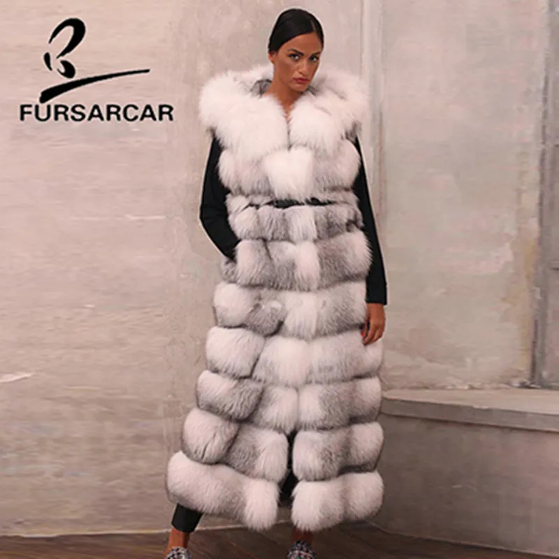 FURSARCAR 130 см зимний длинный жилет из натурального меха для женщин с капюшоном