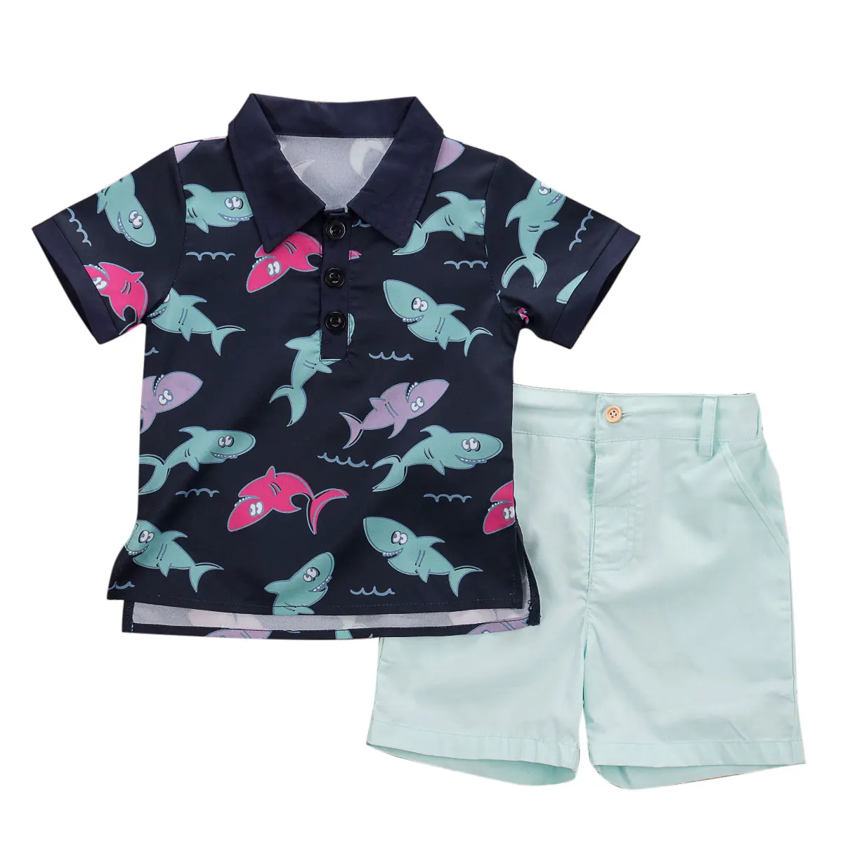 Newborn Boy Kids cotton casual Gentleman Short Sleeve Shirt Shark Tops Pants Shorts Tracksuit Outfit Set |