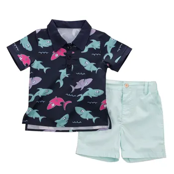 

Newborn Boy Kids cotton casual Gentleman Short Sleeve Shirt Shark Tops Pants Shorts Tracksuit Outfit Set