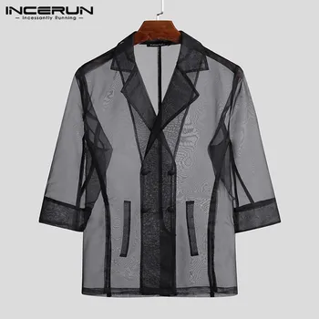 

Fashion Transparent Men Shirt 3/4 Sleeve Double Breasted Lapel Tops See Through Party Night Club Men Shirts Camisa S-5XL INCERUN