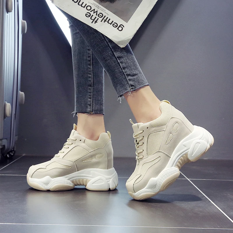 Autumn Women Super High Heel Sneakers Comfortable Round Head Vulcanized Shoes Woman Mesh Running Shoes Ladies Casual Shoes