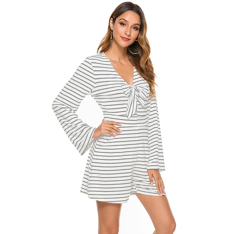 Женский весенне осенний полосатый комбинезон с бантом и украшением летний v